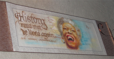 Image of full scroll with portrait of Dr Maya Angelou by Mel Ahlborn